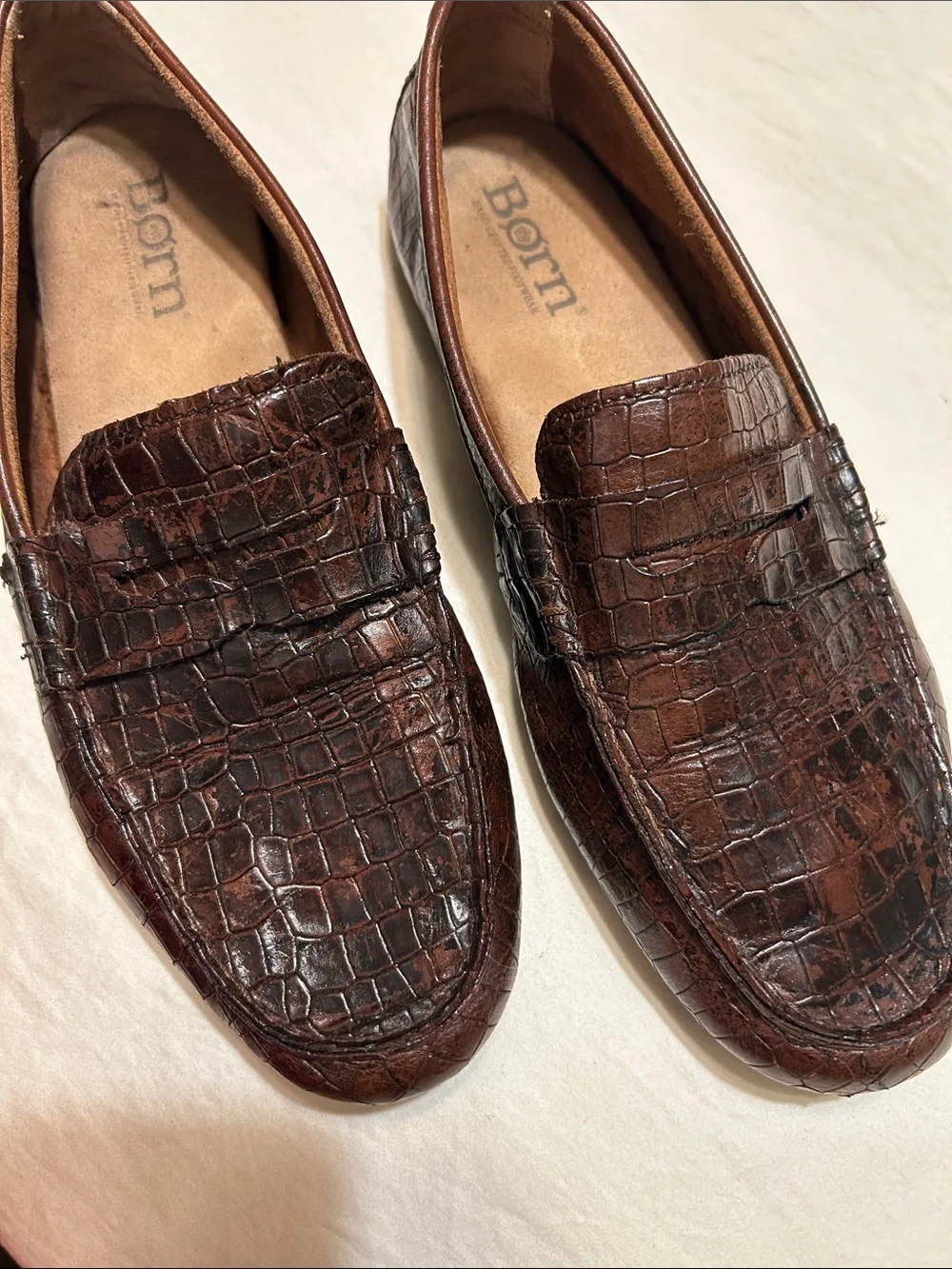 Born Men’s Dark Brown Croc-Embossed Leather Slip-On Loafers